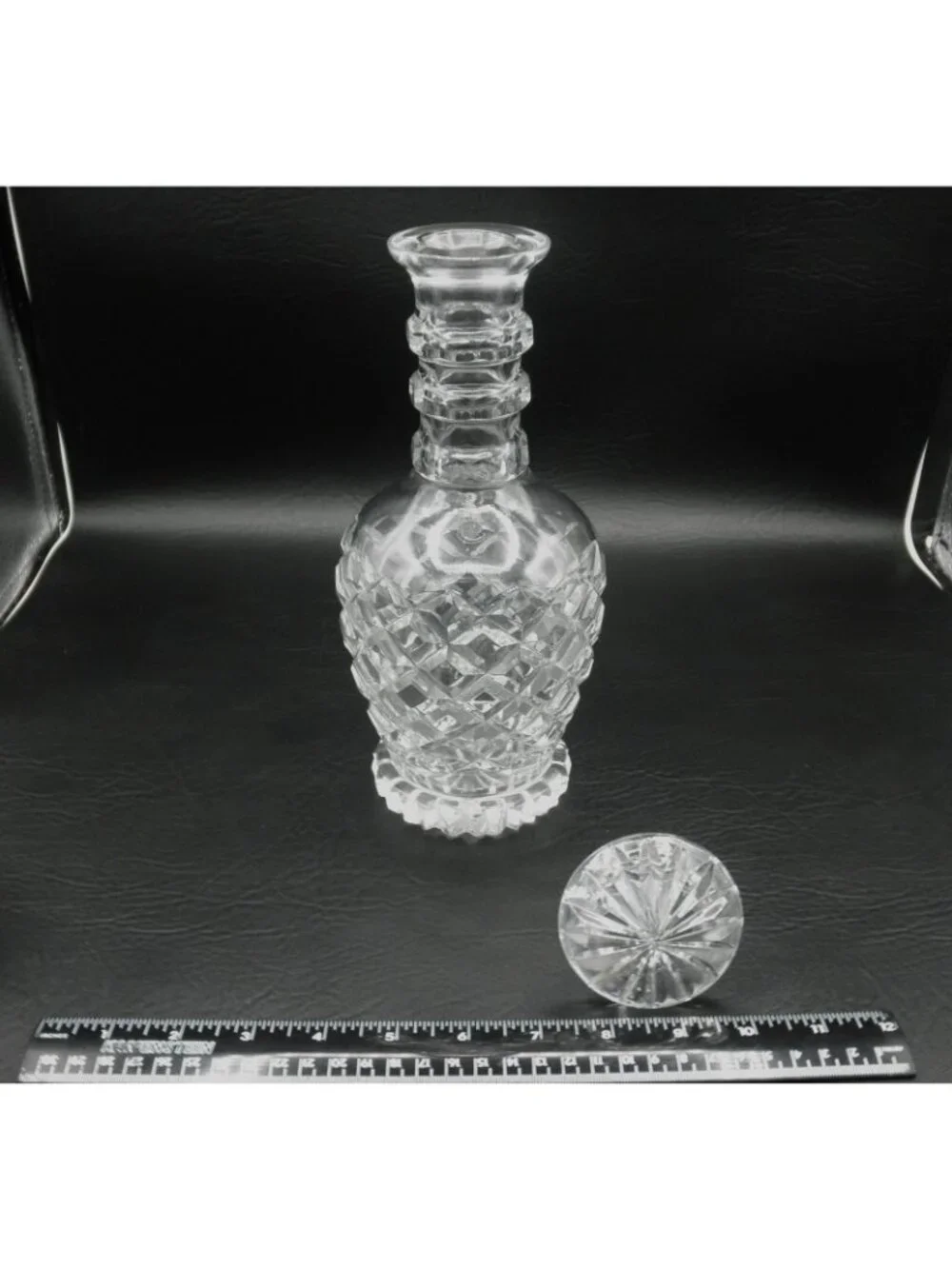 Three Ringed Georgian Style Diamond Cut Glass Decanter W/Stopper 11.5 Inches